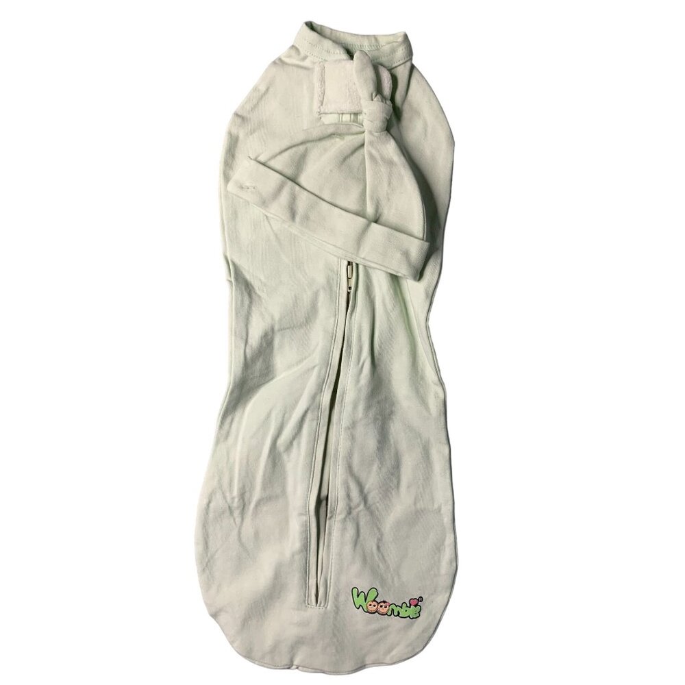 Woombie Newborn Swaddle Wrap With Hat Light Green Zip Up Organic Cotton Sleeper
